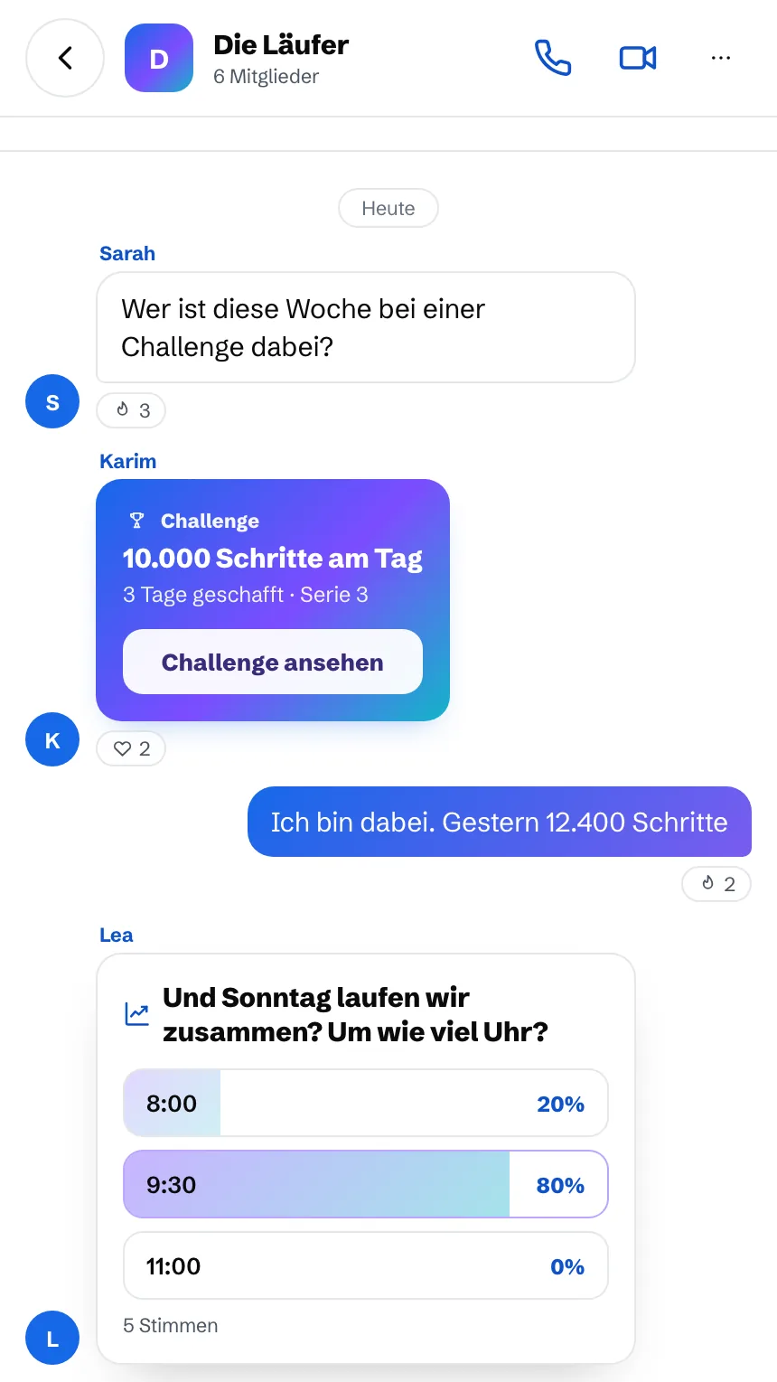 Gruppenchat: eine Challenge mit 10.000 Schritten am Tag und eine Umfrage für den Sonntagslauf