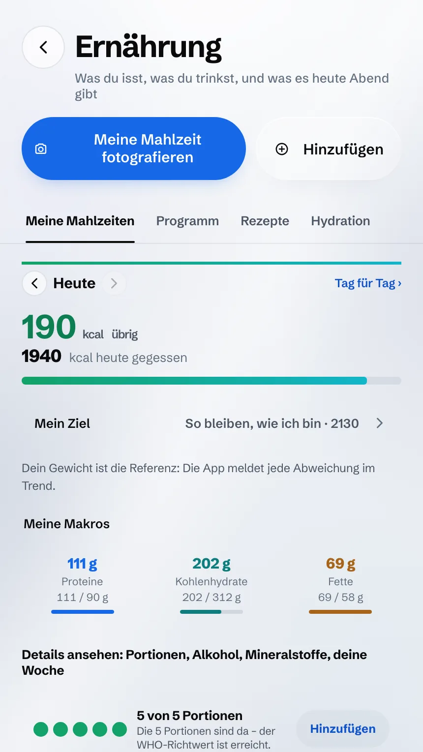 Bildschirm Ernährung: verbleibende Kalorien, Makros und die Portionen des Tages