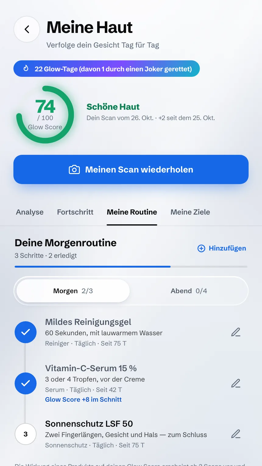 Bildschirm Meine Haut: der Glow Score und die Morgenroutine, Produkt für Produkt
