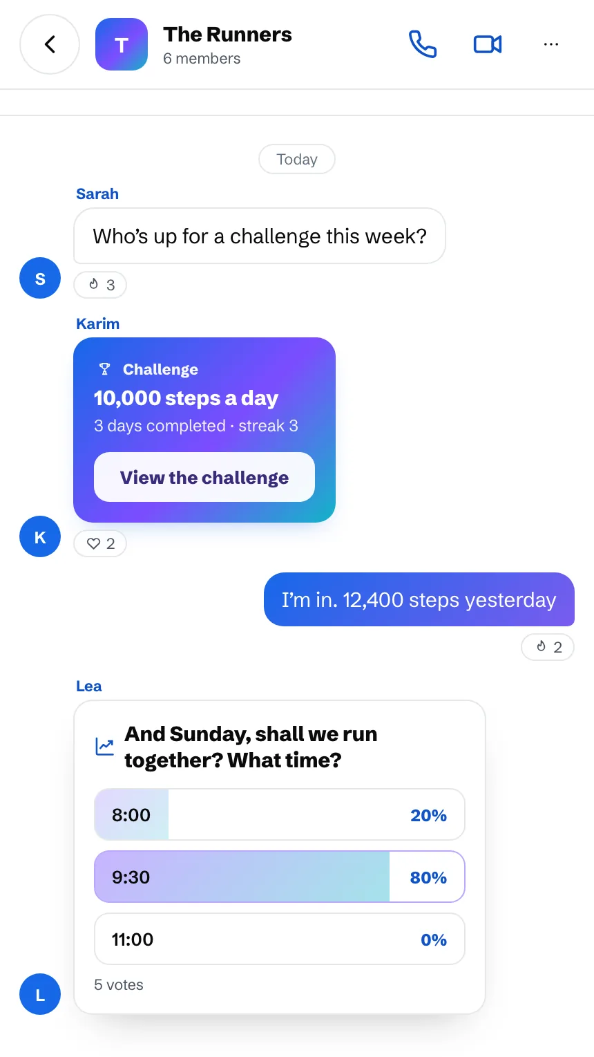 Group chat: a 10,000-steps-a-day challenge and a poll for the Sunday run