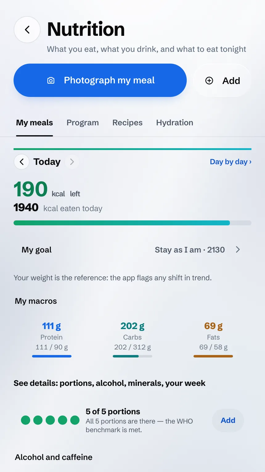 Nutrition screen: calories left, macros and the day’s portions