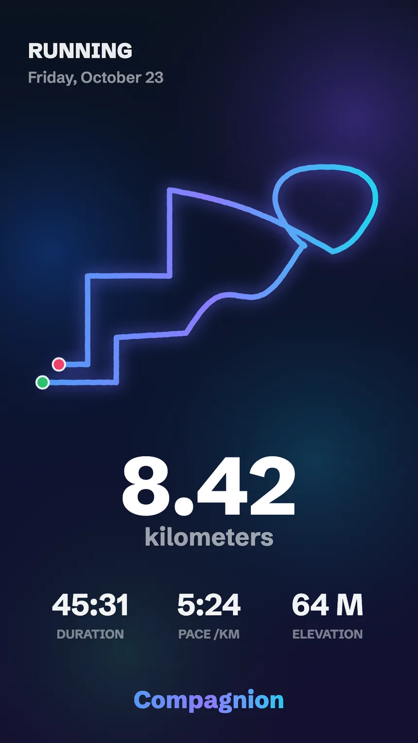 Poster of a run: 8.42 km, the route and the numbers