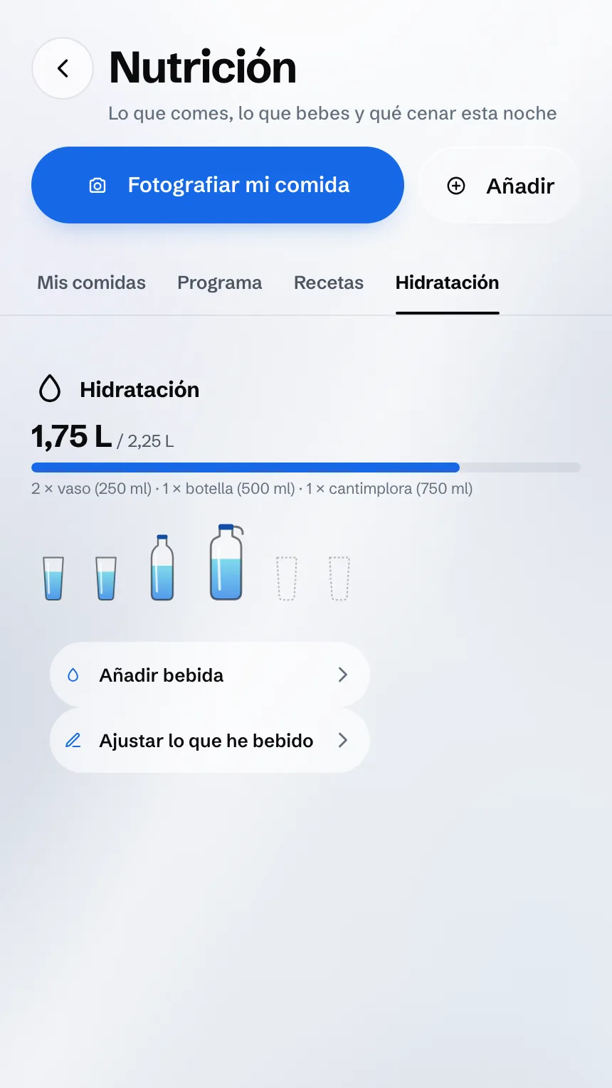 Pantalla Hidratación: el agua bebida durante el día, vaso a vaso y botella a botella