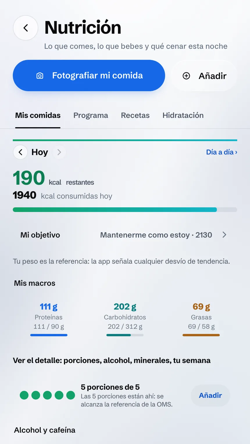Pantalla Nutrición: las calorías restantes, los macros y las porciones del día