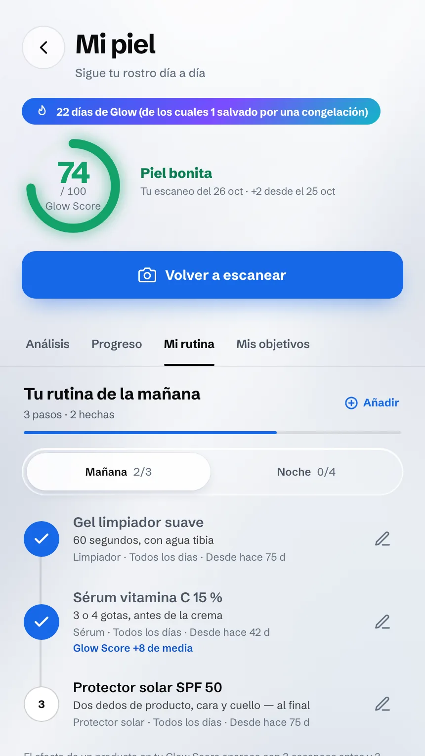 Pantalla Mi piel: el Glow Score y la rutina de la mañana, producto a producto