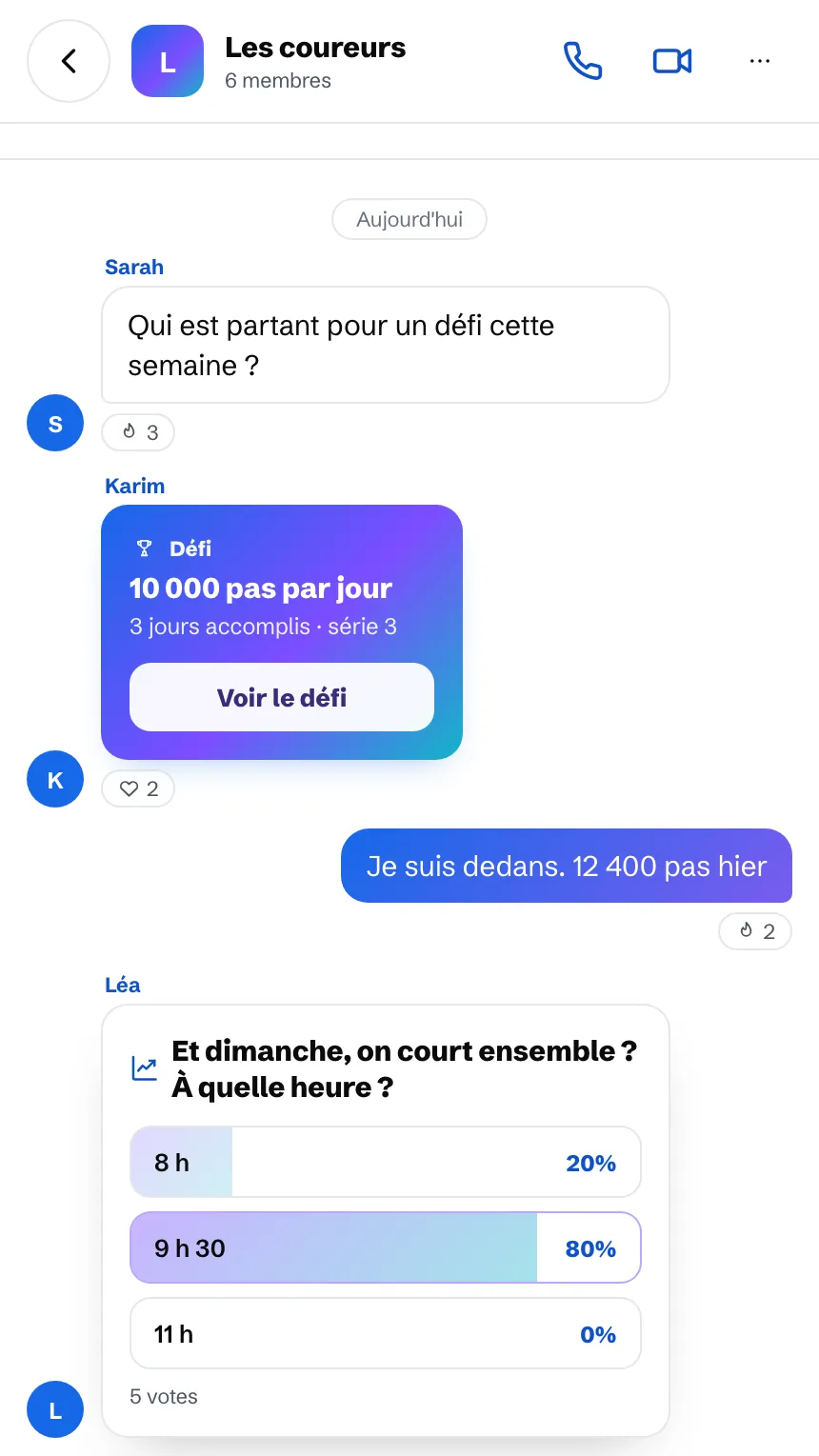 Conversation de groupe : un défi de 10 000 pas par jour et un sondage pour la sortie du dimanche