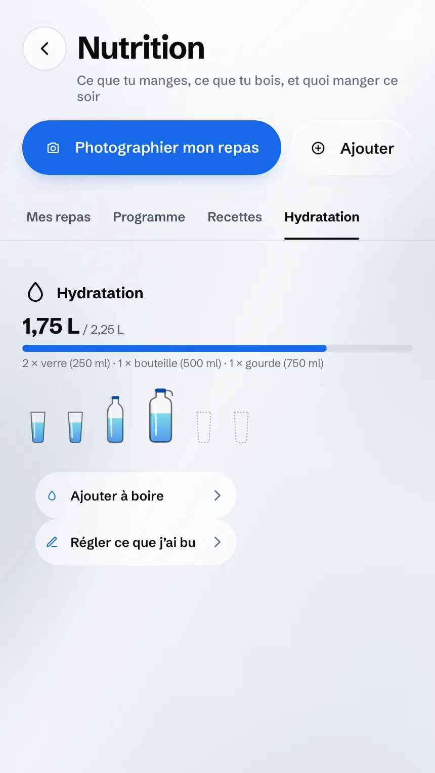 Écran Hydratation : l’eau bue dans la journée, verre par verre et bouteille par bouteille