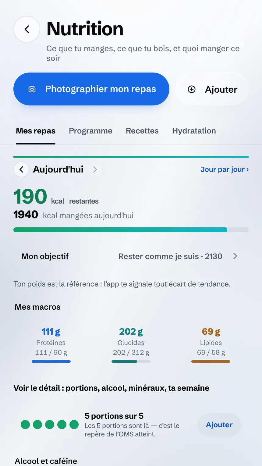 Écran Nutrition : les calories restantes, les macros et les portions du jour