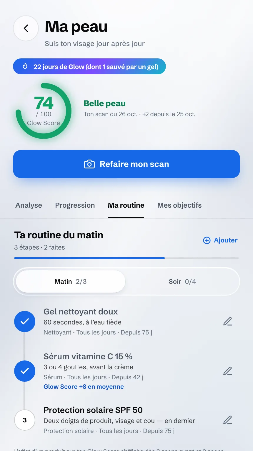 Écran Ma peau : le Glow Score et la routine du matin, produit par produit