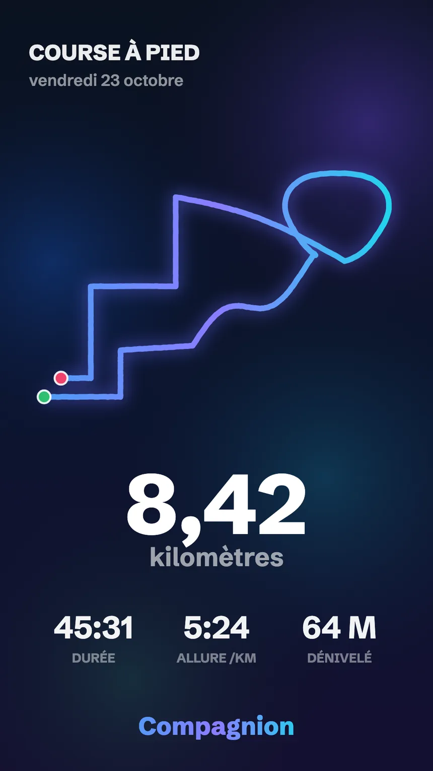 Affiche d’une sortie de course : 8,42 km, le tracé et les chiffres
