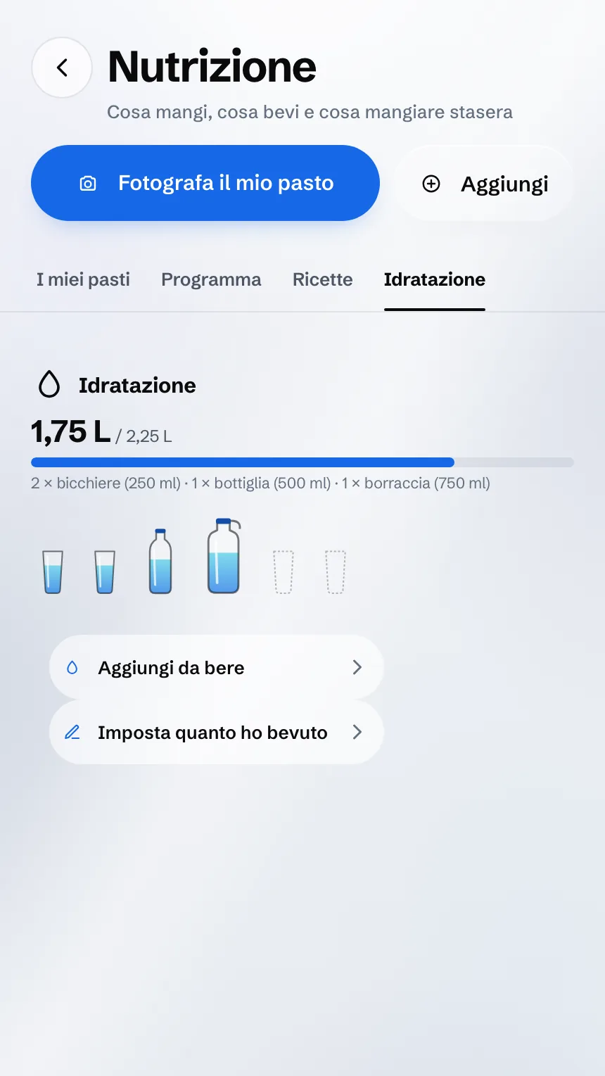 Schermata Idratazione: l’acqua bevuta durante il giorno, bicchiere per bicchiere e bottiglia per bottiglia