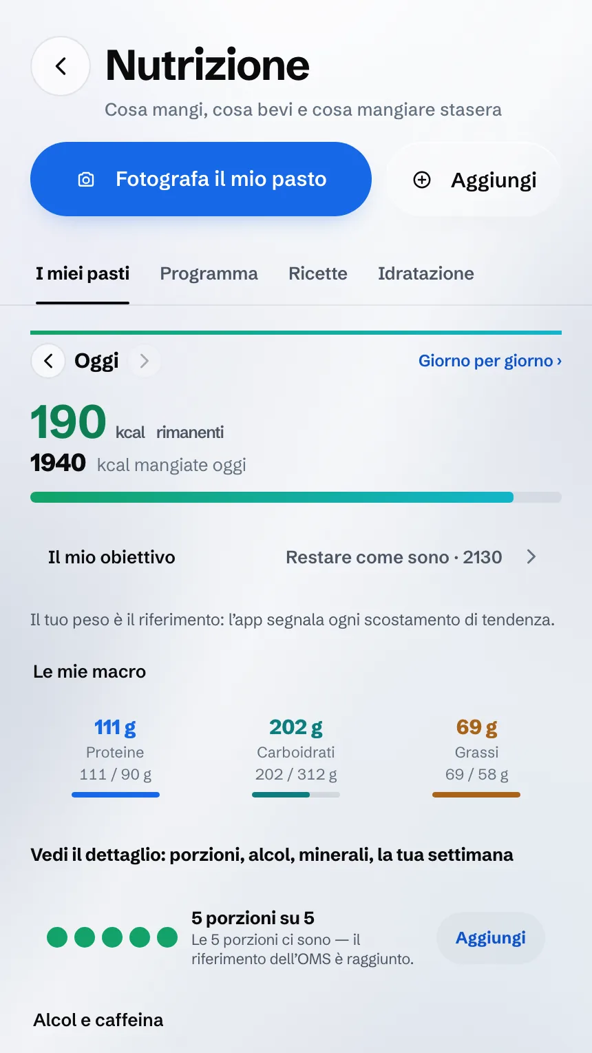 Schermata Nutrizione: le calorie rimanenti, i macro e le porzioni del giorno