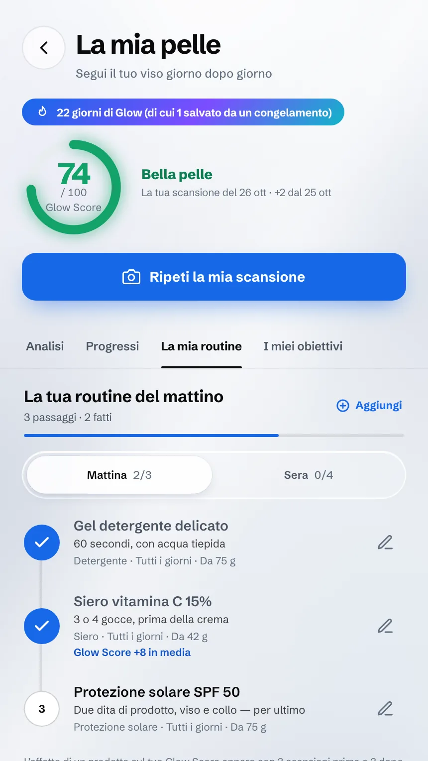 Schermata La mia pelle: il Glow Score e la routine del mattino, prodotto per prodotto
