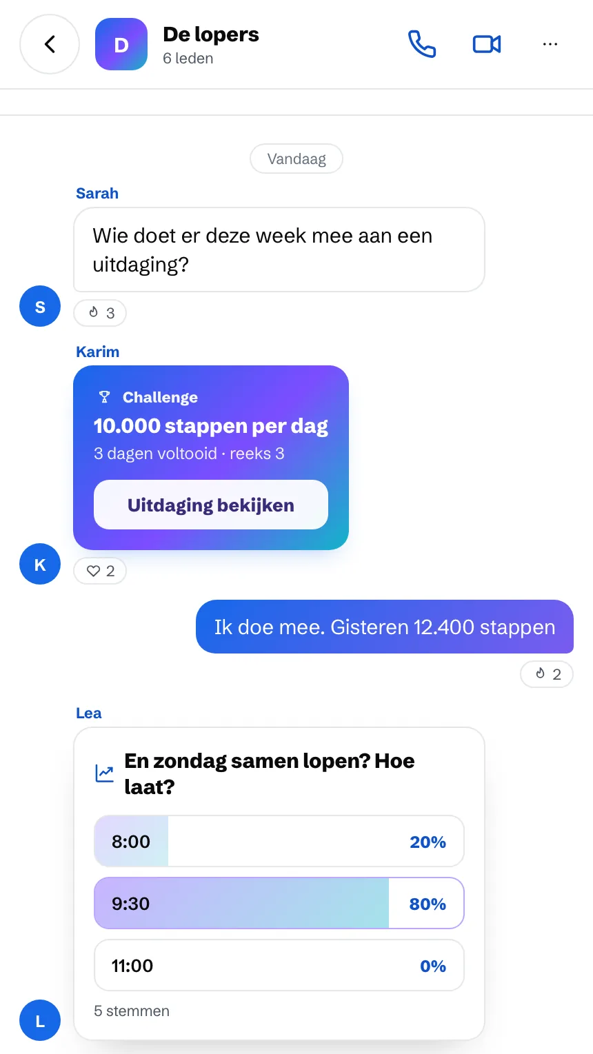 Groepsgesprek: een uitdaging van 10.000 stappen per dag en een peiling voor de zondagsloop