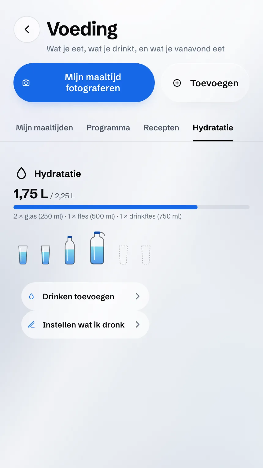 Scherm Hydratatie: het water van de dag, glas per glas en fles per fles