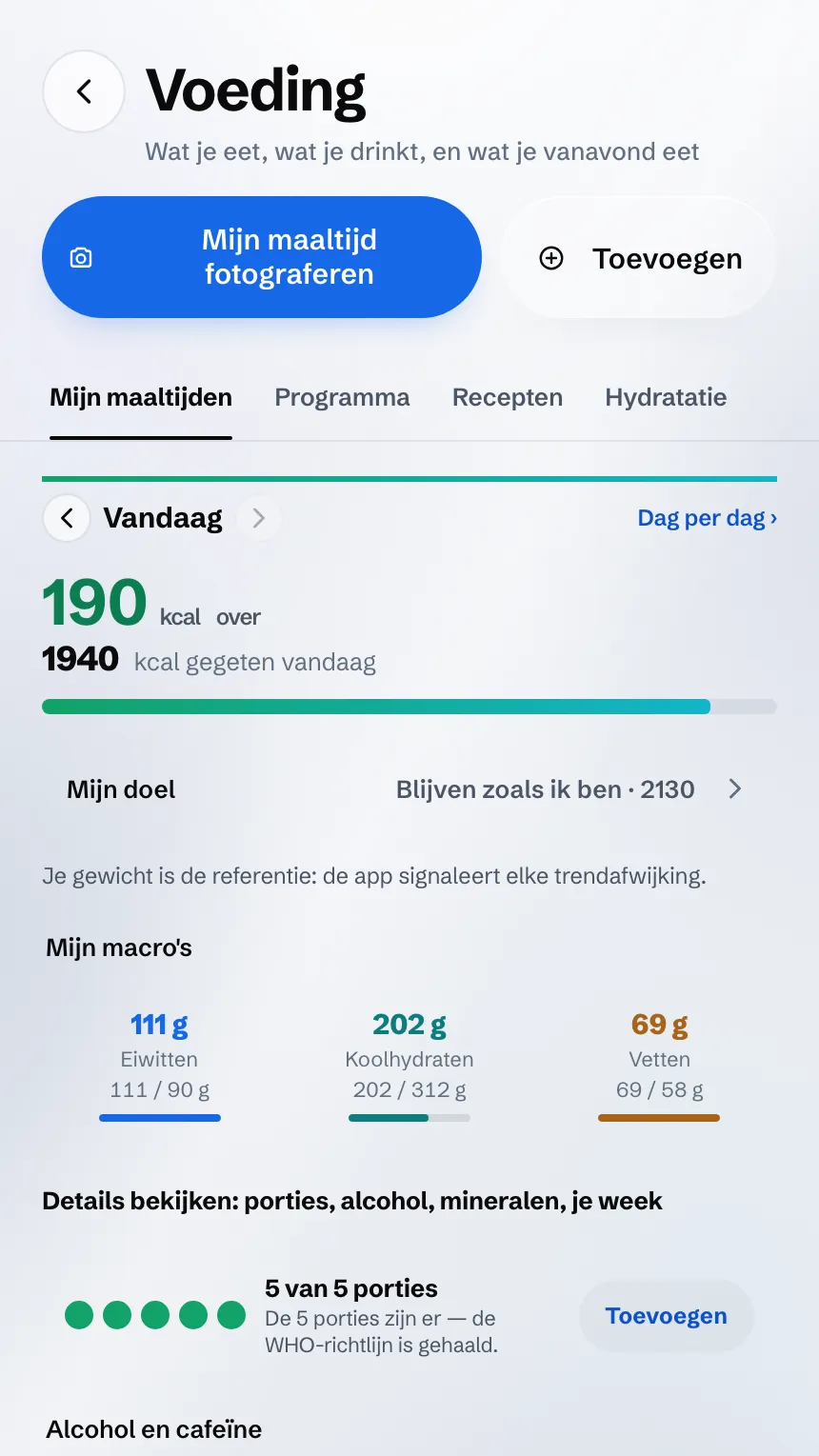 Scherm Voeding: resterende calorieën, macro’s en de porties van de dag
