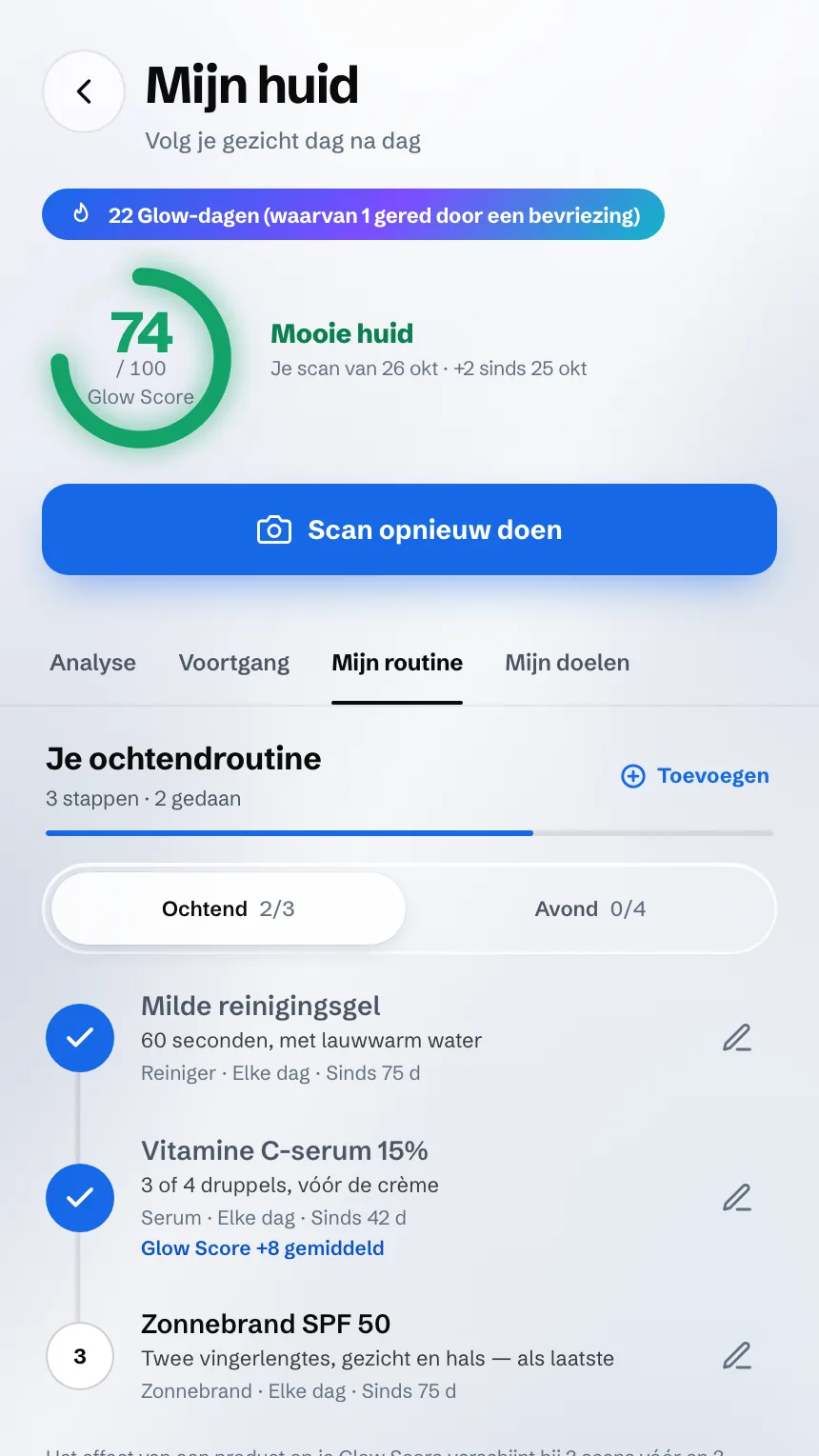Scherm Mijn huid: de Glow Score en de ochtendroutine, product per product
