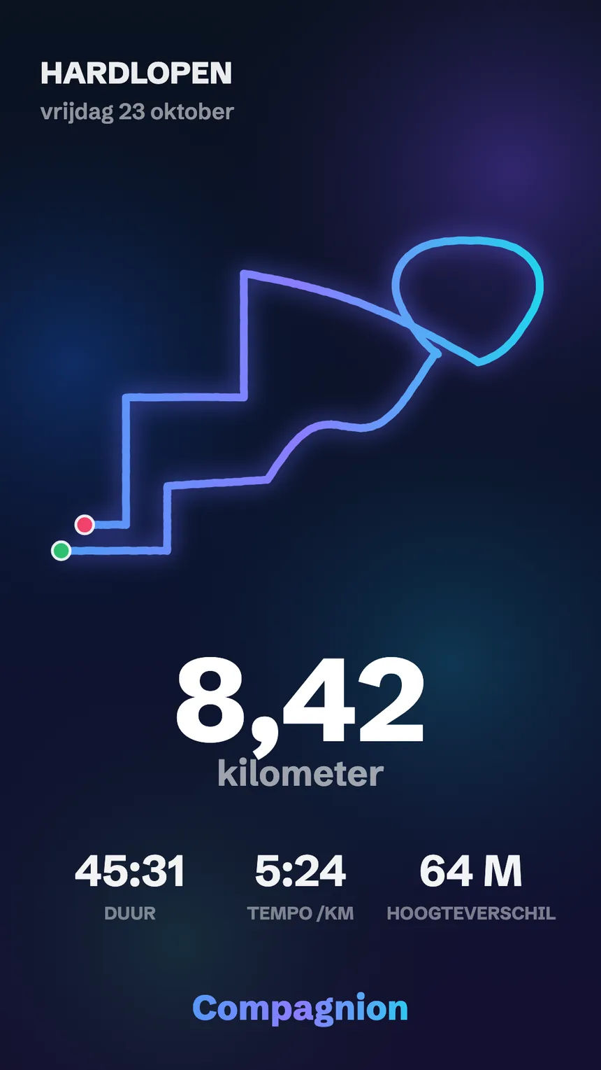 Poster van een hardlooptocht: 8,42 km, de route en de cijfers