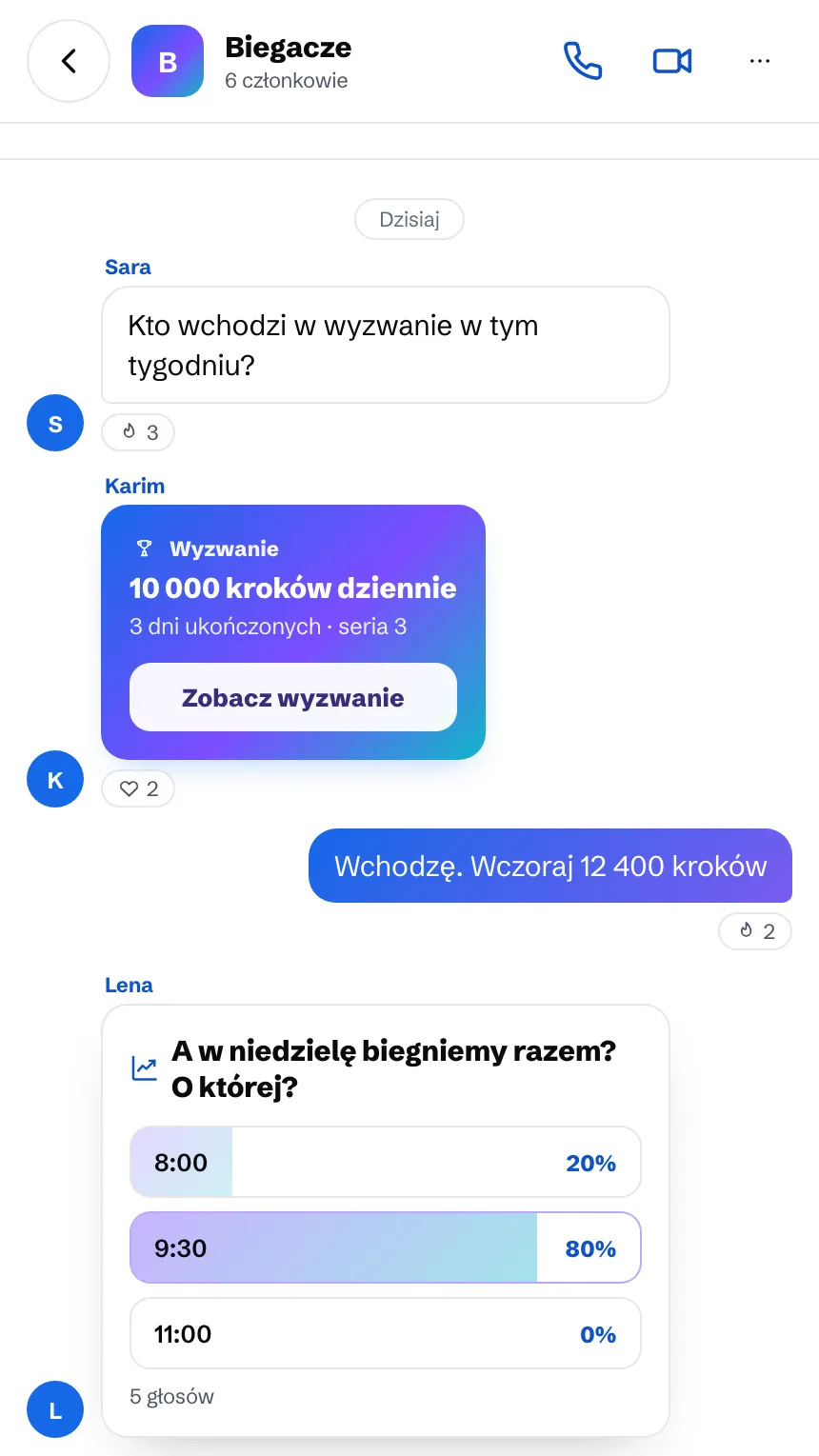 Rozmowa grupowa: wyzwanie 10 000 kroków dziennie i ankieta na niedzielny bieg