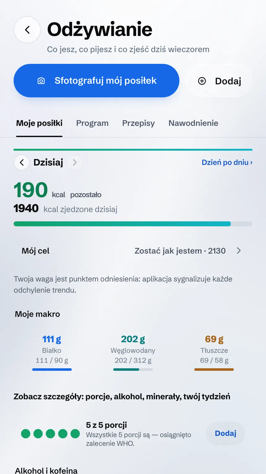 Ekran Odżywianie: pozostałe kalorie, makroskładniki i porcje dnia