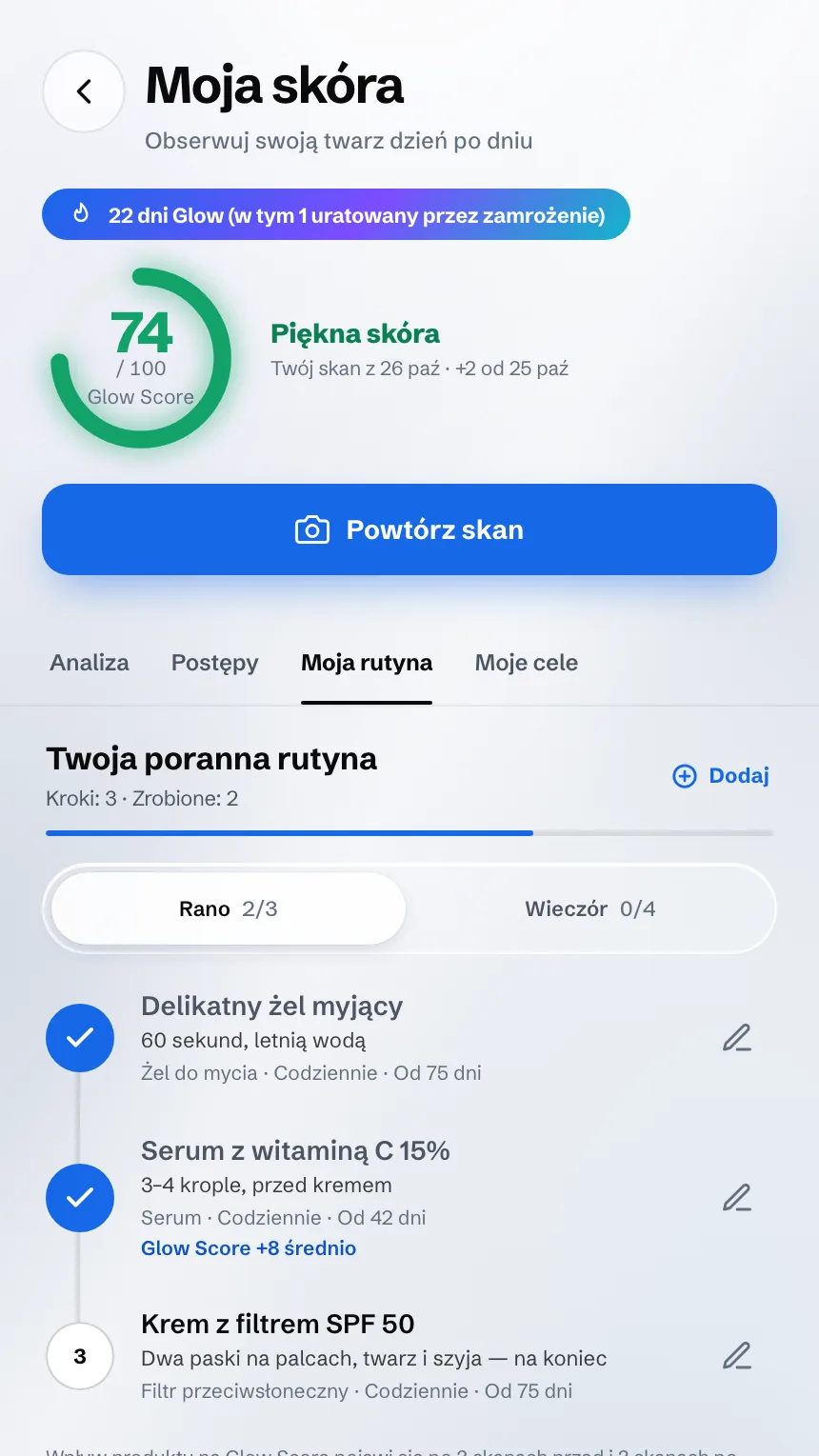 Ekran Moja skóra: Glow Score i poranna rutyna, produkt po produkcie