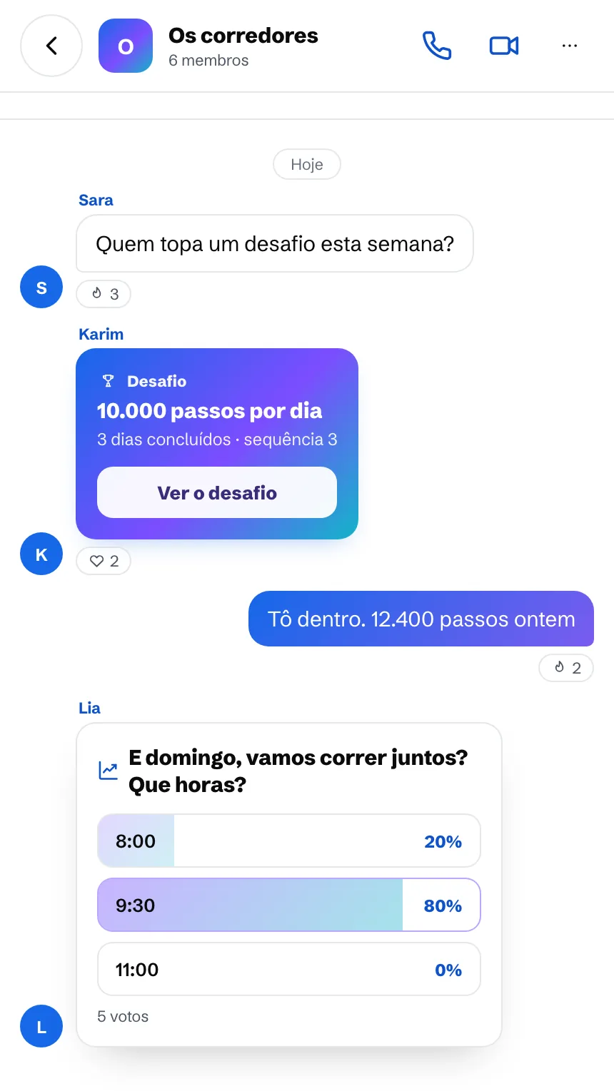 Conversa em grupo: um desafio de 10.000 passos por dia e uma enquete para a corrida de domingo