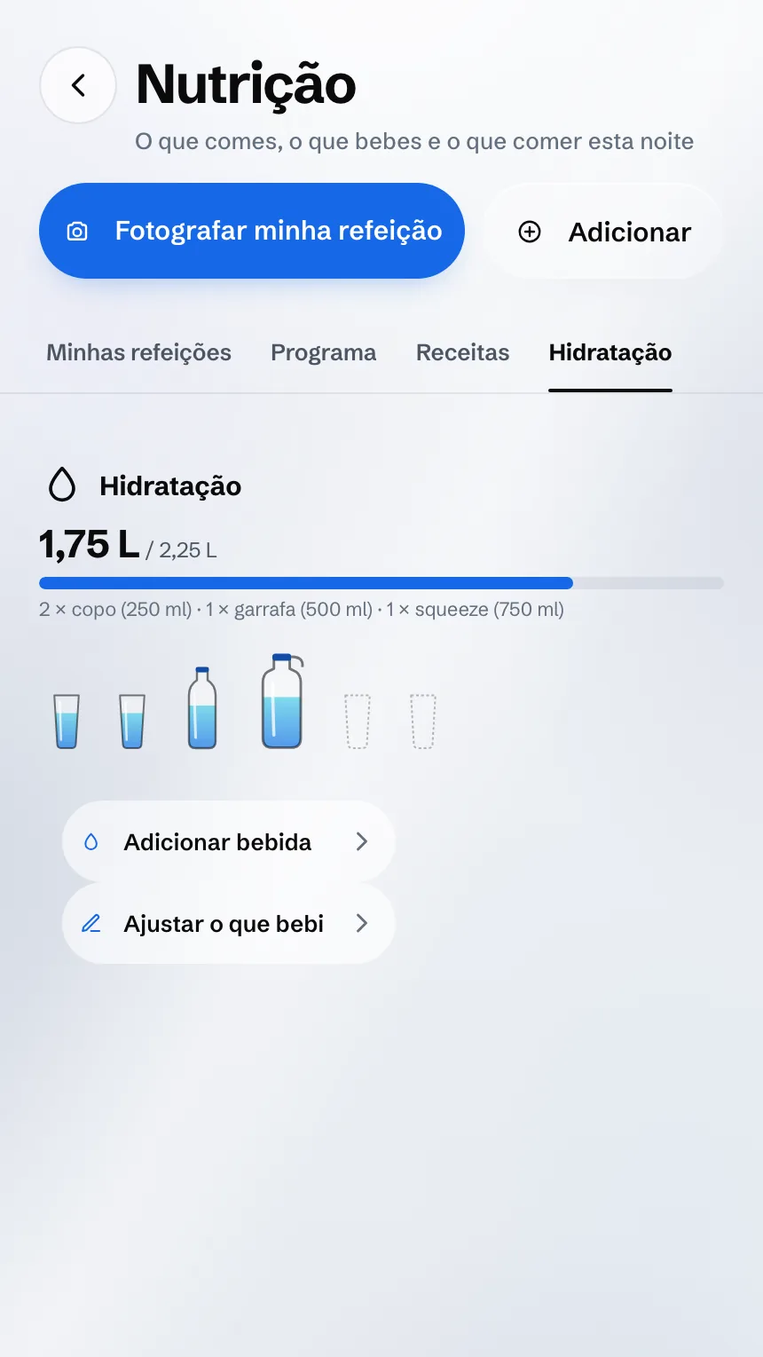 Tela Hidratação: a água bebida no dia, copo por copo e garrafa por garrafa