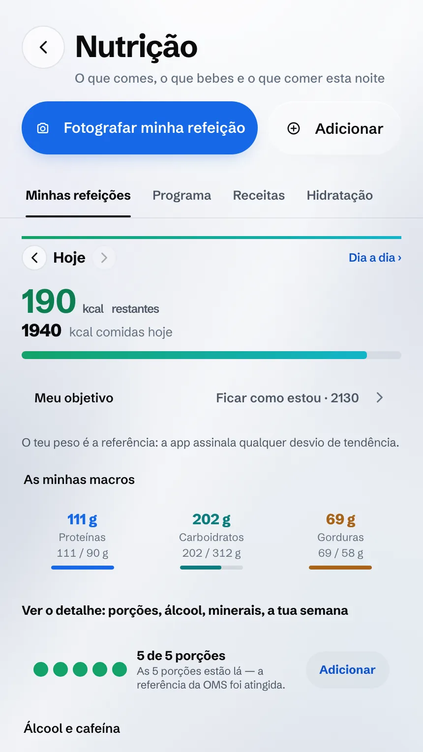 Tela Nutrição: as calorias restantes, os macros e as porções do dia