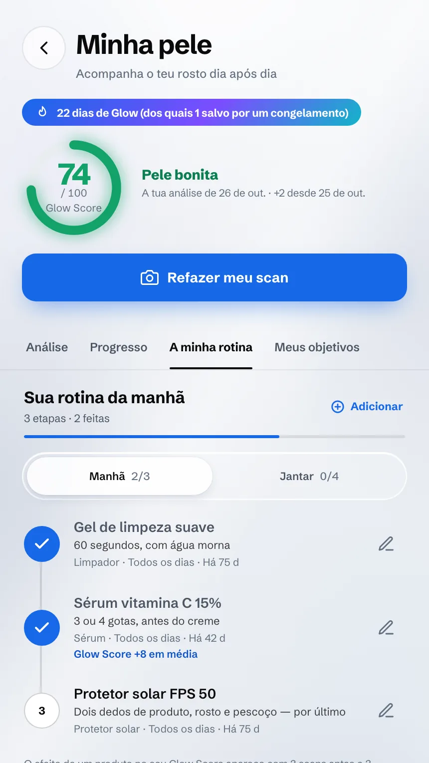 Tela Minha pele: o Glow Score e a rotina da manhã, produto por produto