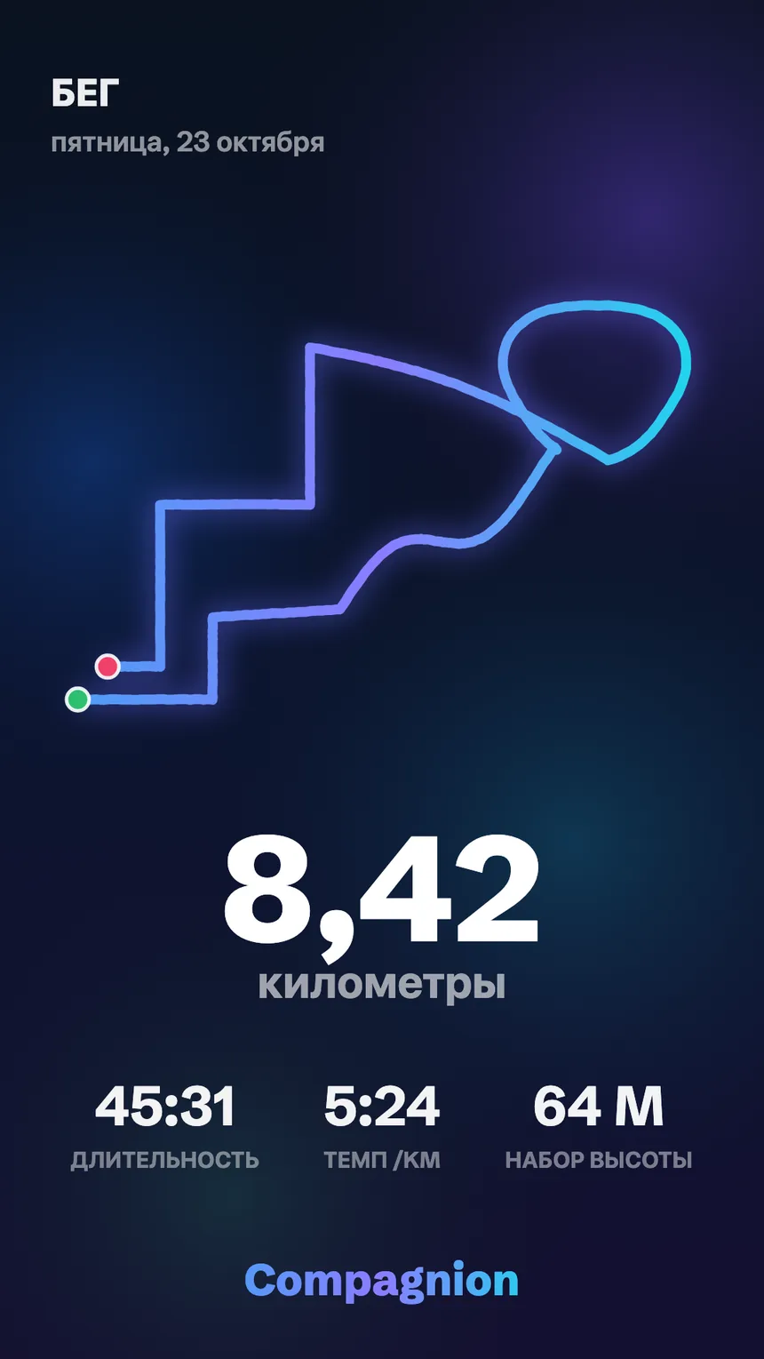 Постер пробежки: 8,42 км, маршрут и цифры