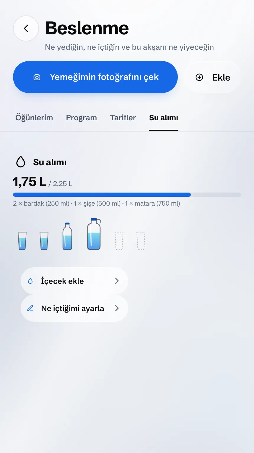 Su alımı ekranı: gün içinde içilen su, bardak bardak ve şişe şişe