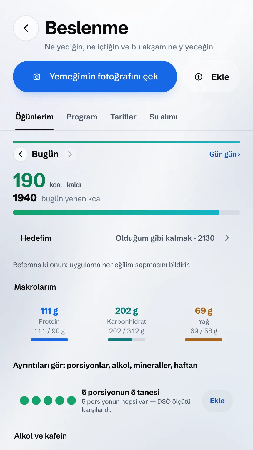Beslenme ekranı: kalan kaloriler, makrolar ve günün porsiyonları