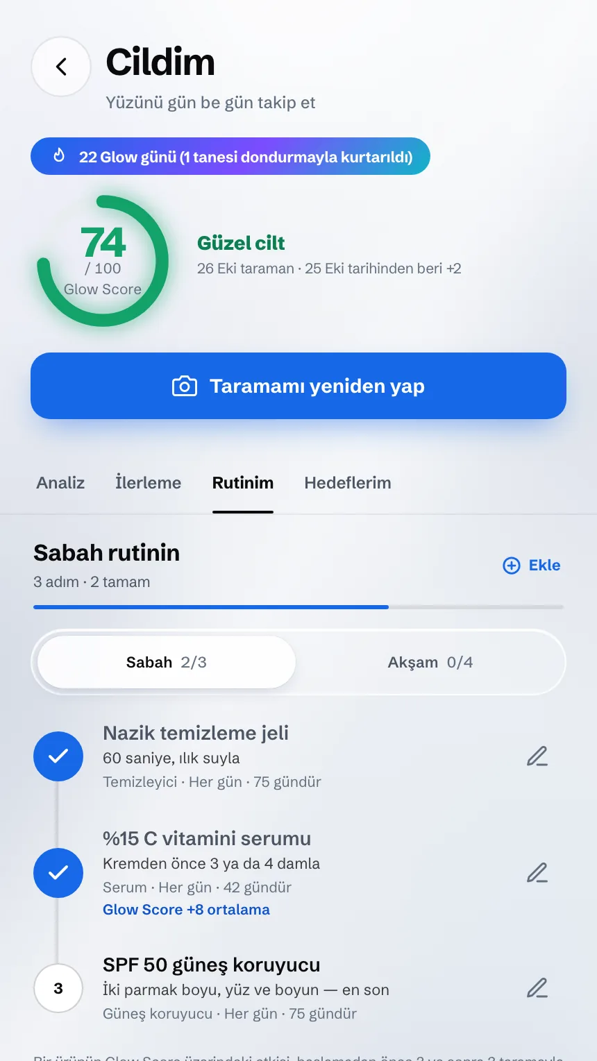 Cildim ekranı: Glow Score ve sabah rutini, ürün ürün
