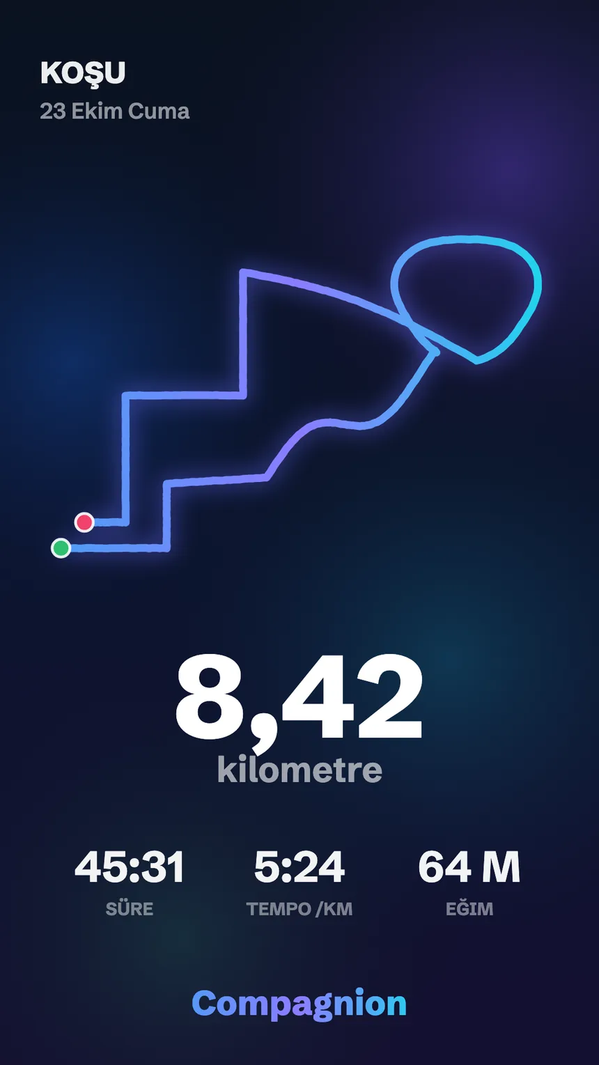 Bir koşunun posteri: 8,42 km, rota ve rakamlar