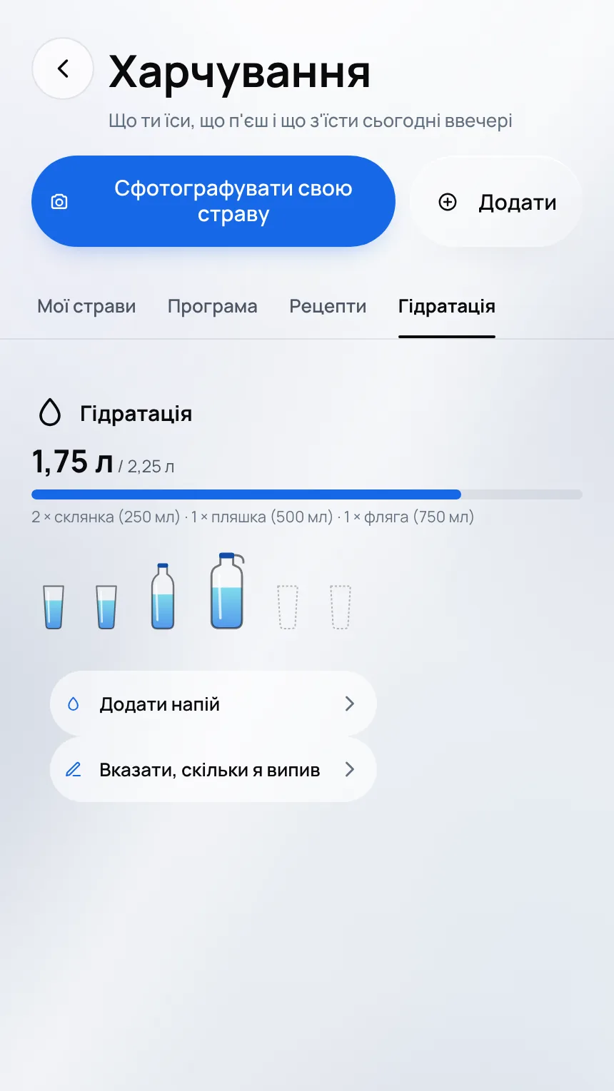 Екран «Гідратація»: вода, випита за день, склянка за склянкою й пляшка за пляшкою