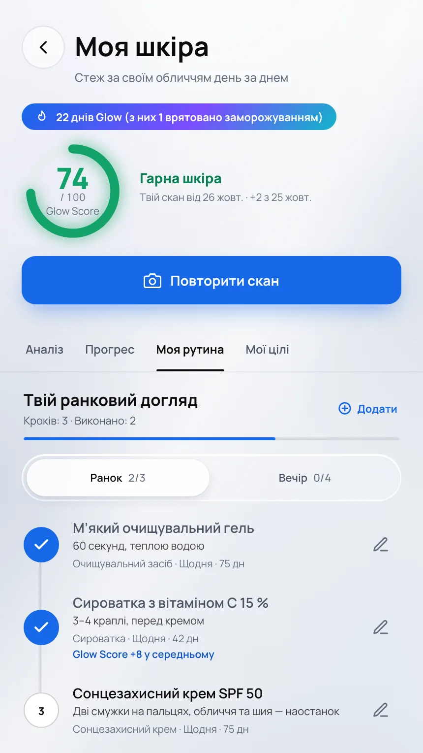 Екран «Моя шкіра»: Glow Score і ранковий догляд, продукт за продуктом