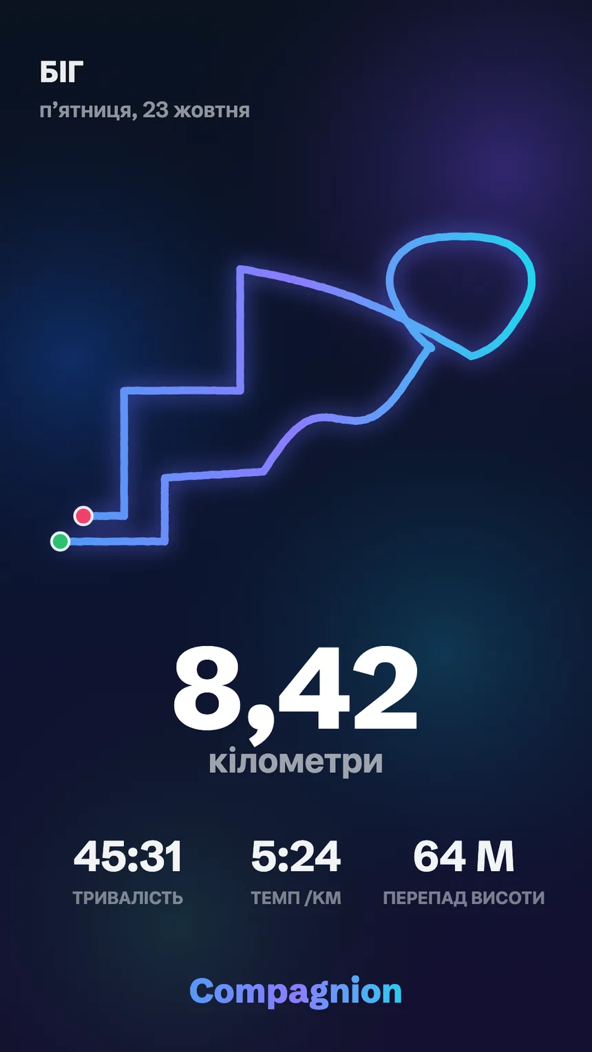 Постер пробіжки: 8,42 км, маршрут і цифри