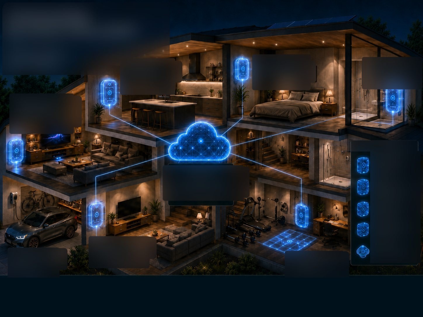 Intelligentes Gesundheitsökosystem von Obdurare: ein vernetztes Zuhause, Module für jeden Raum, verbunden mit einer Cloud für künstliche Intelligenz